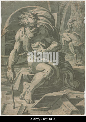 Diogenes, c. 1524-1527. Ugo da Carpi (Italian, c. 1479-c. 1532), after Parmigianino (Italian, 1503-1540). Chiaroscuro woodcut (in four shades of green); sheet: 47.7 x 34.7 cm (18 3/4 x 13 11/16 in Stock Photo