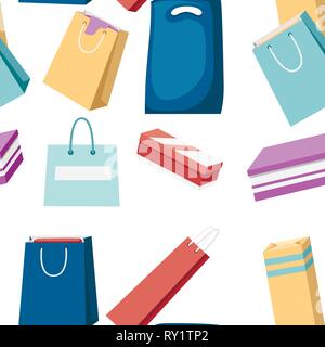 Seamless pattern. Colorful shopping paper bags. Full shopping bags, discount concept. Bags for clothes. Flat vector illustration on white background. Stock Vector