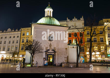 Krakow, Poland, February 16, 2019: Church of St. Wojciech at night in Krakow, Poland Stock Photo