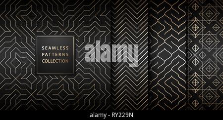 Collection of seamless geometric golden minimalistic patterns. Simple vector graphic black print background. Repeating line abstract texture set Stock Vector