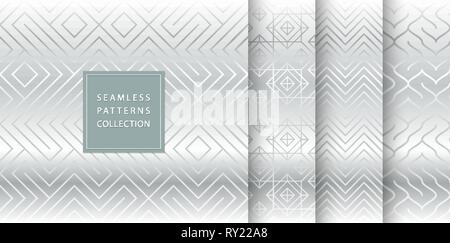 Geometric seamless silver pattern background. Simple vector graphic gray print. Repeating line abstract texture set. Minimalistic shapes Stock Vector