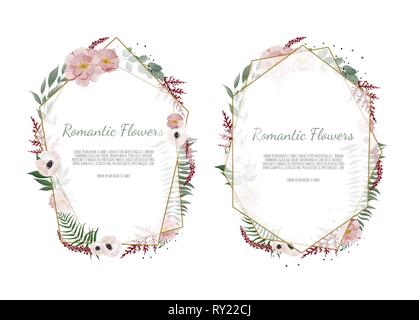 Set of card with leaves and geometrical frame. Stock Vector