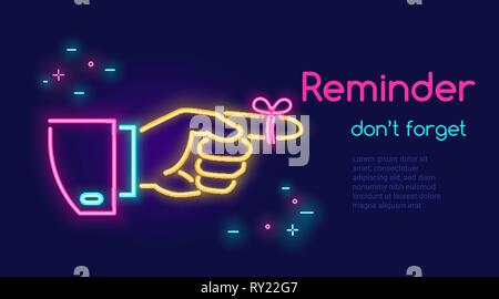 Human hand pointing finger and red tape on the finger in neon light style with text reminder don't forget on dark purple background. Bright vector neo Stock Vector