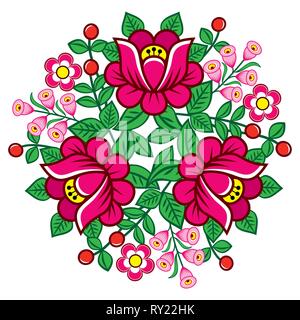 Polish folk art vector floral round decoration, Zalipie decorative pattern with roses and leaves - greeting card, wedding invitation Stock Vector