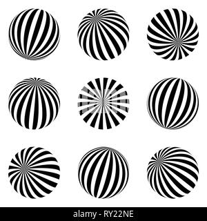 Set of minimalistic shapes. black and white spheres isolated. Stylish emblems. Vector spheres with stripes for web designs. Signs collection. Stock Vector
