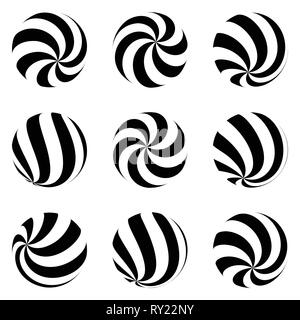 Set of minimalistic shapes. black and white spheres isolated. Stylish emblems. Vector spheres with stripes for web designs. Signs collection. Stock Vector