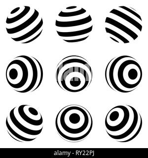 Set of minimalistic shapes. black and white spheres isolated. Stylish emblems. Vector spheres with stripes for web designs. Signs collection. Stock Vector