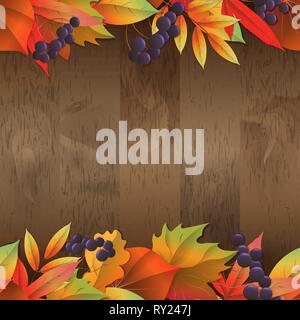 Seamless Natural background with wooden board and autumn leaves Stock Vector