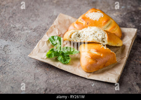 Homemade chicken and mushroom mini pies on paper Stock Photo
