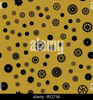 abstract vector black flat gears seamless pattern on yellow background Stock Vector