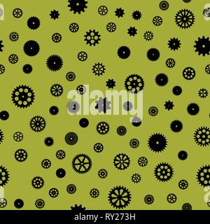abstract vector black flat gears seamless pattern on green background Stock Vector