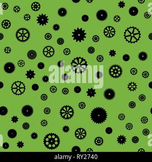 abstract vector black flat gears seamless pattern on green background Stock Vector