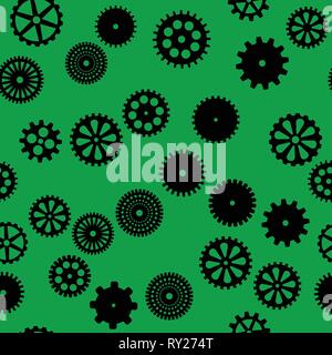 abstract vector black flat gears seamless pattern on green background Stock Vector