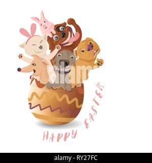 Funny easter, cute cartoon of dogs hatching from easter eggs with pink bunny rabbit on dog head on white background, vector illustration. Stock Vector