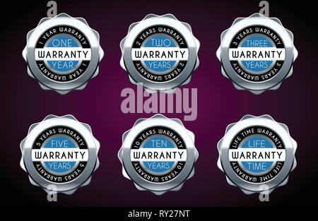 One year to five years warranty silver badges set. Guarantee metal labels Stock Vector