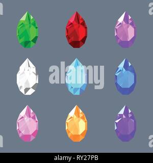 set of drop shaped gem stones of different mystical colors Stock Vector