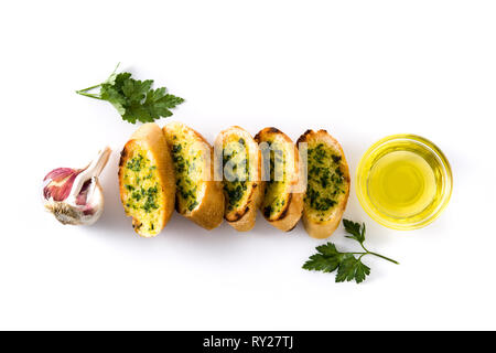 Garlic breads slice with ingredients isolated on white background. Top view Stock Photo