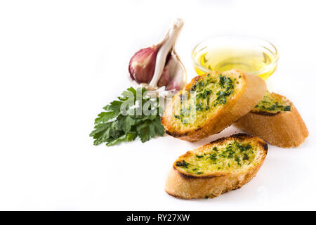 Garlic breads slice with ingredients isolated on white background. Copyspace Stock Photo