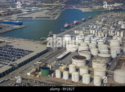 BARCELONA, SPAIN - MARCH 9, 2019: Aerial view of petroleum gas and oil depots storage area on March 9, 2019 in Barcelona, Spain. Stock Photo