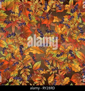 Seamless pattern with colorful autumn leaves on wooden board . Vector illustration. Stock Vector
