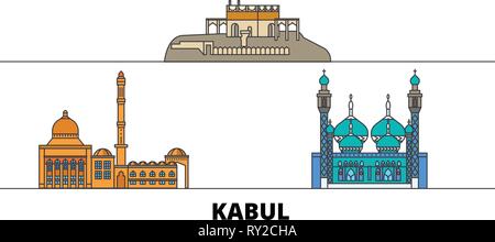 Afghanistan, Kabul flat landmarks vector illustration. Afghanistan, Kabul line city with famous travel sights, skyline, design.  Stock Vector