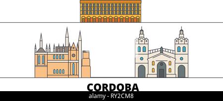 Argentina, Cordoba flat landmarks vector illustration. Argentina, Cordoba line city with famous travel sights, skyline, design.  Stock Vector