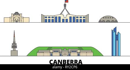 Australia, Canberra flat landmarks vector illustration. Australia, Canberra line city with famous travel sights, skyline, design.  Stock Vector