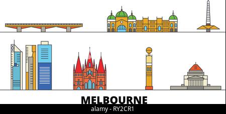 Australia, Melbourne flat landmarks vector illustration. Australia, Melbourne line city with famous travel sights, skyline, design.  Stock Vector