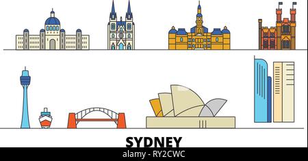 Australia, Sydney flat landmarks vector illustration. Australia, Sydney line city with famous travel sights, skyline, design.  Stock Vector