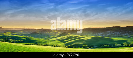 Panorama, Italian beautiful landscape, green rolling Tuscan fields in warm light of the setting sun Stock Photo