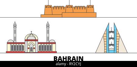 Bahrain flat landmarks vector illustration. Bahrain line city with famous travel sights, skyline, design.  Stock Vector