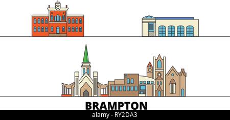 Canada, Brampton flat landmarks vector illustration. Canada, Brampton line city with famous travel sights, skyline, design.  Stock Vector