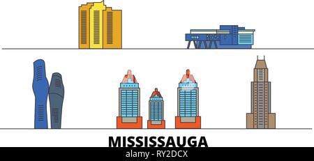 Canada, Mississauga flat landmarks vector illustration. Canada, Mississauga line city with famous travel sights, skyline, design.  Stock Vector