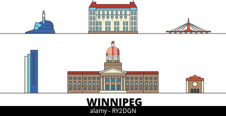 Canada, Winnipeg flat landmarks vector illustration. Canada, Winnipeg line city with famous travel sights, skyline, design.  Stock Vector
