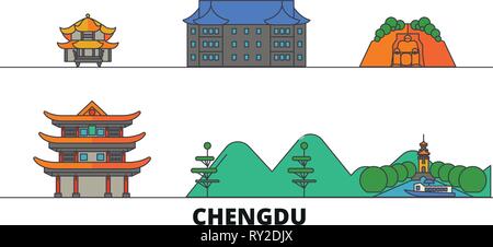 China, Chengdu flat landmarks vector illustration. China, Chengdu line city with famous travel sights, skyline, design.  Stock Vector