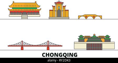 China, Chongqing flat landmarks vector illustration. China, Chongqing line city with famous travel sights, skyline, design.  Stock Vector