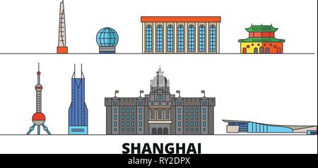 China, Shanghai flat landmarks vector illustration. China, Shanghai line city with famous travel sights, skyline, design.  Stock Vector