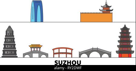 China, Suzhou flat landmarks vector illustration. China, Suzhou line city with famous travel sights, skyline, design.  Stock Vector