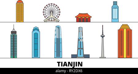 China, Tianjin flat landmarks vector illustration. China, Tianjin line city with famous travel sights, skyline, design.  Stock Vector