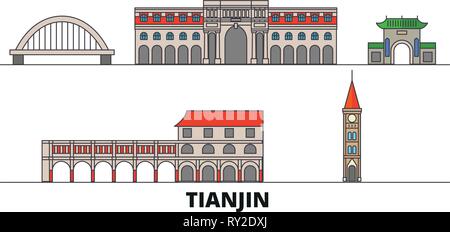 China, Tianjin City flat landmarks vector illustration. China, Tianjin City line city with famous travel sights, skyline, design.  Stock Vector