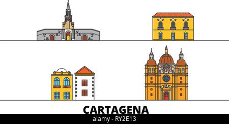 Colombia, Cartagena flat landmarks vector illustration. Colombia, Cartagena line city with famous travel sights, skyline, design.  Stock Vector