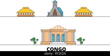 Congo flat landmarks vector illustration. Congo line city with famous travel sights, skyline, design.  Stock Vector