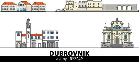 Croatia, Dubrovnik flat landmarks vector illustration. Croatia, Dubrovnik line city with famous travel sights, skyline, design.  Stock Vector