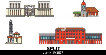 Croatia, Split flat landmarks vector illustration. Croatia, Split line city with famous travel sights, skyline, design.  Stock Vector