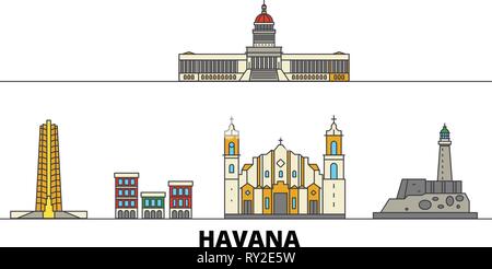 Cuba, Havana flat landmarks vector illustration. Cuba, Havana line city with famous travel sights, skyline, design.  Stock Vector