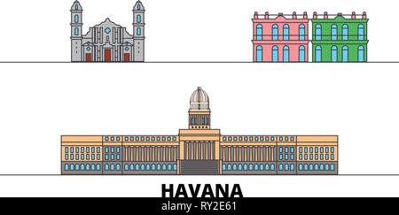 Cuba, Havana City flat landmarks vector illustration. Cuba, Havana City line city with famous travel sights, skyline, design.  Stock Vector