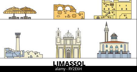 Cyprus, Limassol flat landmarks vector illustration. Cyprus, Limassol line city with famous travel sights, skyline, design.  Stock Vector