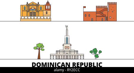 Dominican Republic flat landmarks vector illustration. Dominican Republic line city with famous travel sights, skyline, design.  Stock Vector