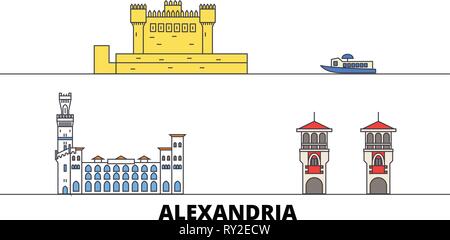 Egypt, Alexandria flat landmarks vector illustration. Egypt, Alexandria line city with famous travel sights, skyline, design.  Stock Vector