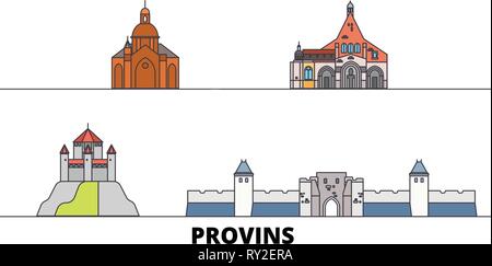 France, Provins flat landmarks vector illustration. France, Provins line city with famous travel sights, skyline, design.  Stock Vector